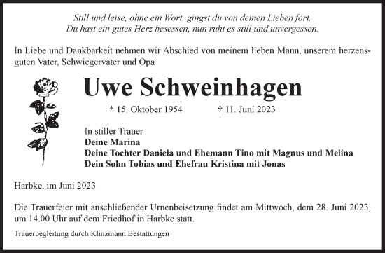 Traueranzeige von Uwe Schweinhagen von Volksstimme Oschersleben/Wanzleben