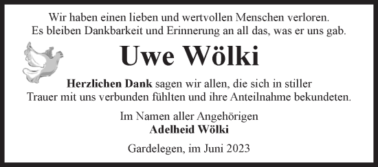 Traueranzeige von Uwe Wölki von Volksstimme Altmark West
