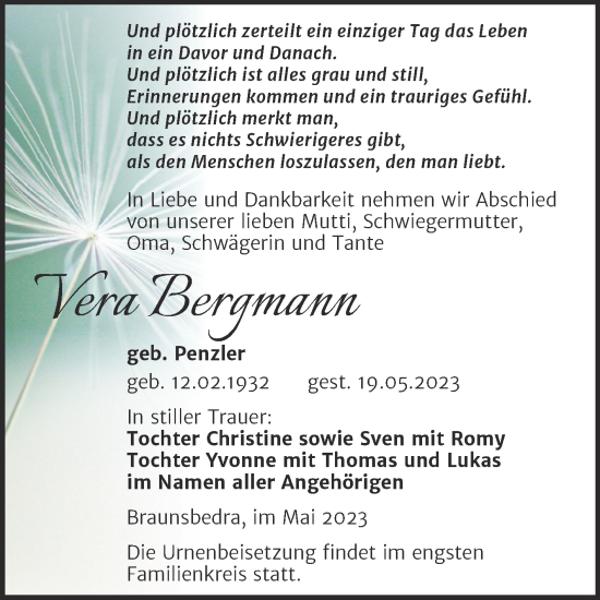 Traueranzeige von Vera Bergmann von Trauerkombi Merseburg