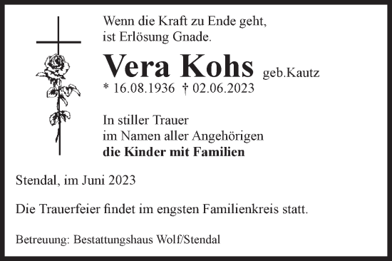 Traueranzeige von Vera Kohs von Volksstimme Altmark Ost