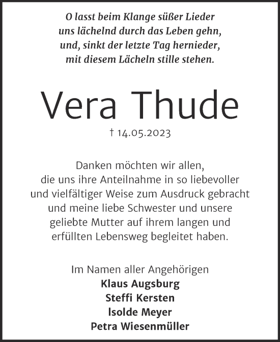 Traueranzeige von Vera Thude von Trauerkombi Quedlinburg