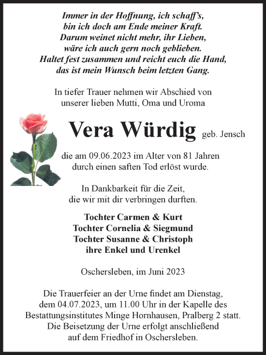 Traueranzeige von Vera Würdig von Volksstimme Oschersleben/Wanzleben