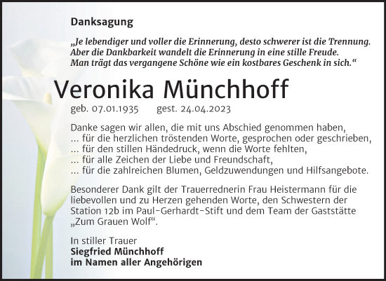 Traueranzeige von Veronika Münchhoff von Trauerkombi Wittenberg