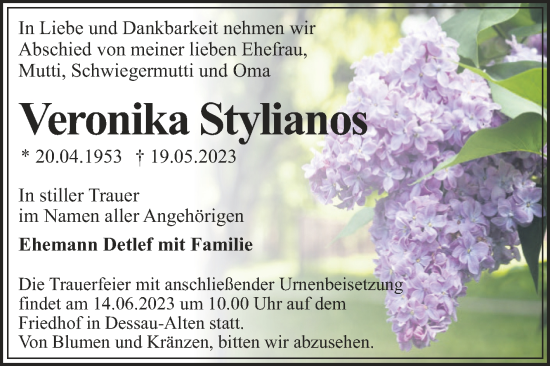 Traueranzeige von Veronika Stylianos von Trauerkombi Dessau