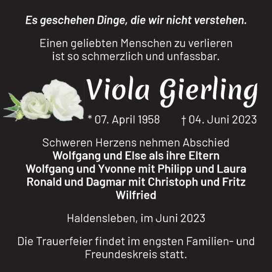 Traueranzeige von Viola Gierling von Volksstimme Haldensleben/Wolmirstedt