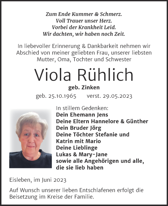 Traueranzeige von Viola Rühlich von Trauerkombi Mansfelder Land