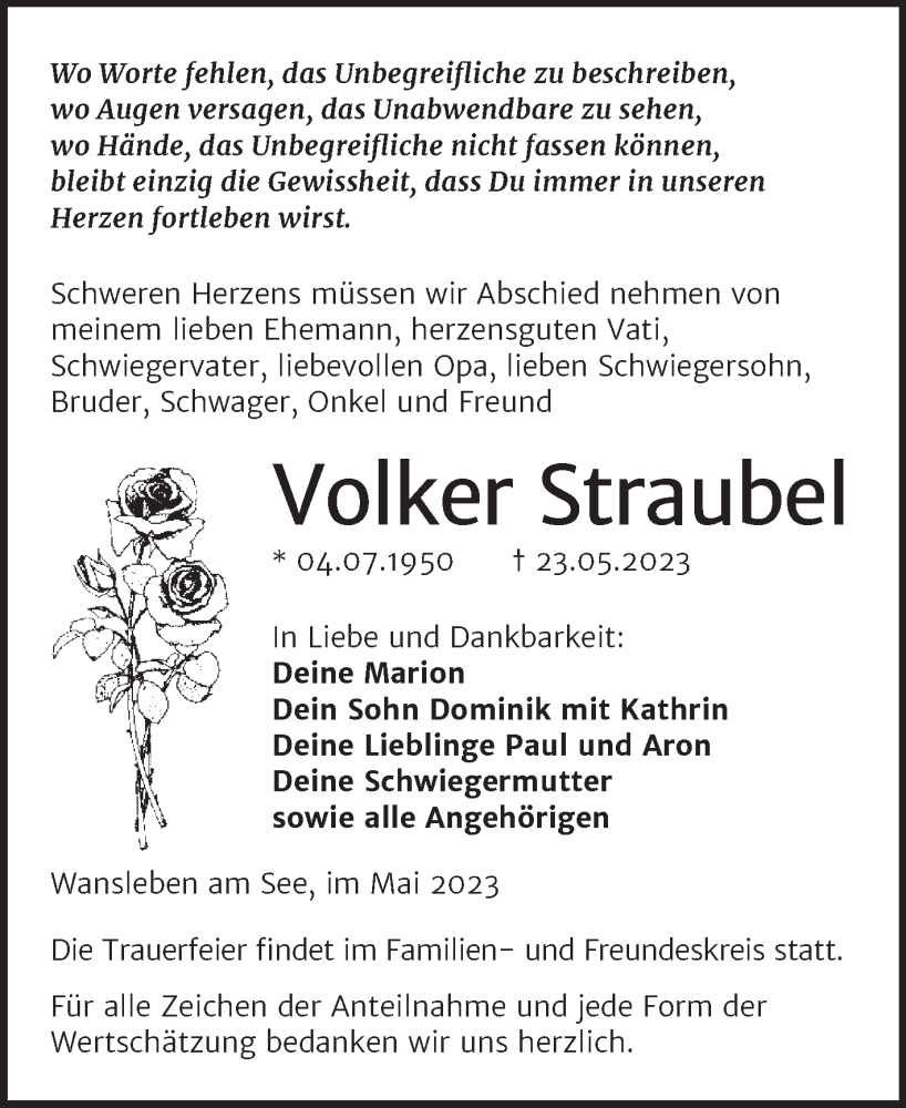  Traueranzeige für Volker Straubel vom 07.06.2023 aus Trauerkombi Mansfelder Land