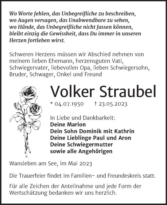 Traueranzeige von Volker Straubel von Trauerkombi Mansfelder Land