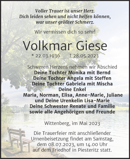 Traueranzeige von Volkmar Giese von Trauerkombi Wittenberg
