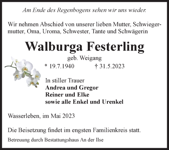 Traueranzeige von Walburga Festerling von Volksstimme Wernigerode
