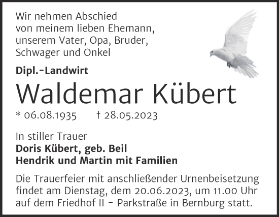 Traueranzeige von Waldemar Kübert von Trauerkombi Bernburg