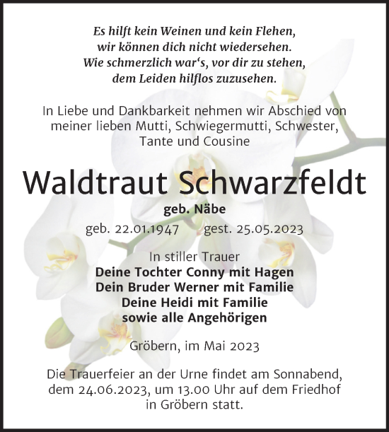 Traueranzeige von Waldtraut Schwarzfeldt von Trauerkombi Bitterfeld