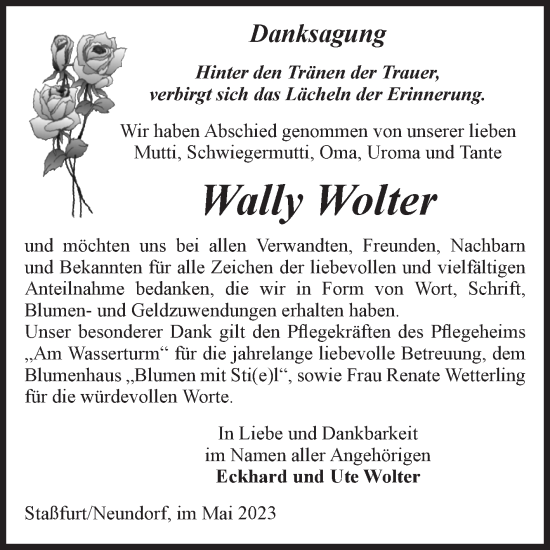 Traueranzeige von Wally Wolter von Volksstimme Staßfurt
