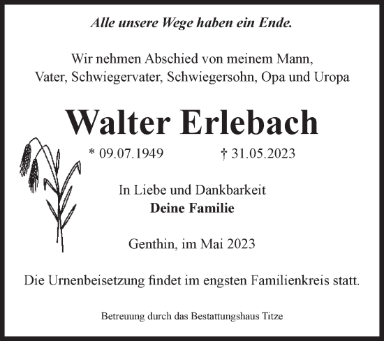 Traueranzeige von Walter Erlebach von Volksstimme Burg/Genthin