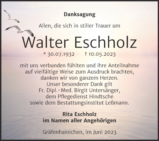 Traueranzeige von Walter Eschholz von Trauerkombi Wittenberg