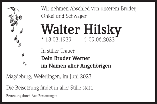 Traueranzeige von Walter Hilsky von Volksstimme Haldensleben/Wolmirstedt