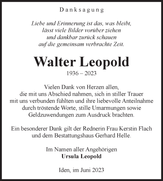 Traueranzeige von Walter Leopold von Volksstimme Altmark Ost