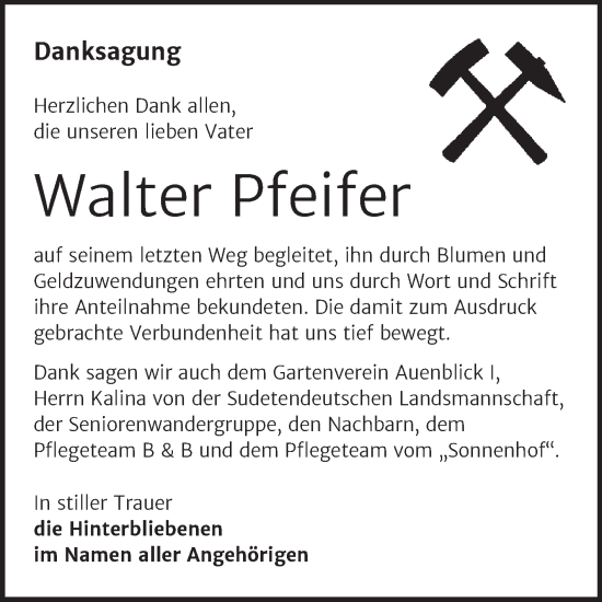Traueranzeige von Walter Pfeifer von Trauerkombi Sangerhausen