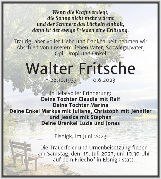 Traueranzeige von Walter Pritsche von Trauerkombi Köthen