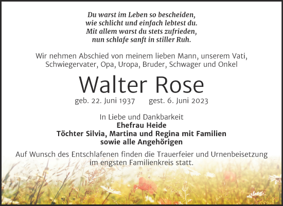 Traueranzeige von Walter Rose von Trauerkombi Köthen