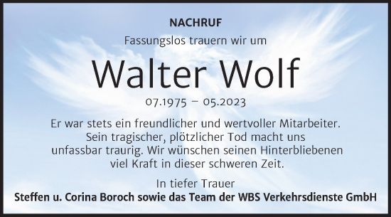 Traueranzeige von Walter Wolf von Super Sonntag Wittenberg