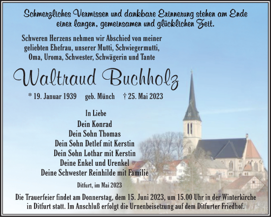 Traueranzeige von Waltraud Buchholz von Trauerkombi Quedlinburg