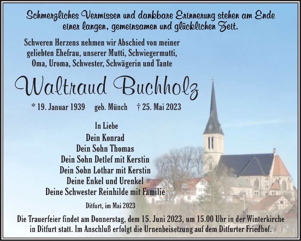 Traueranzeige für Waltraud Buchholz vom 03.06.2023 aus Trauerkombi Quedlinburg