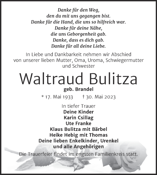 Traueranzeige von Waltraud Bulitza von Trauerkombi Weißenfels