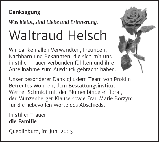 Traueranzeige von Waltraud Helsch von Trauerkombi Quedlinburg
