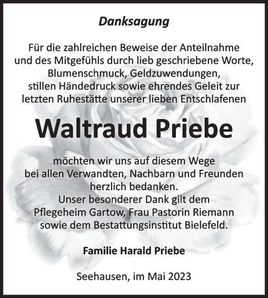 Traueranzeige von Waltraud Priebe von Volksstimme Altmark Ost
