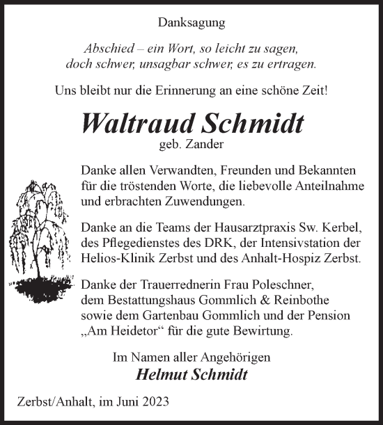 Traueranzeige von Waltraud Schmidt von Volksstimme Zerbst