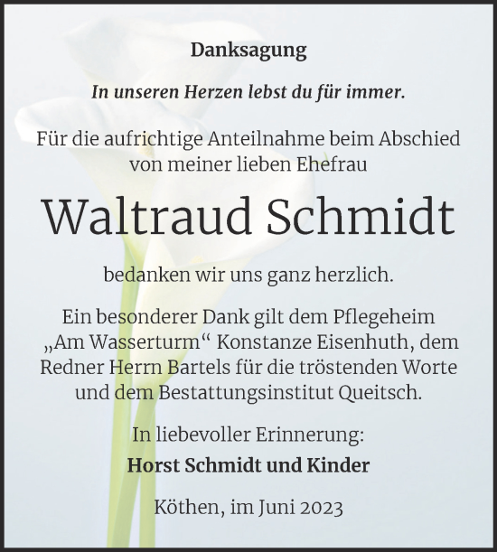 Traueranzeige von Waltraud Schmidt von Trauerkombi Köthen