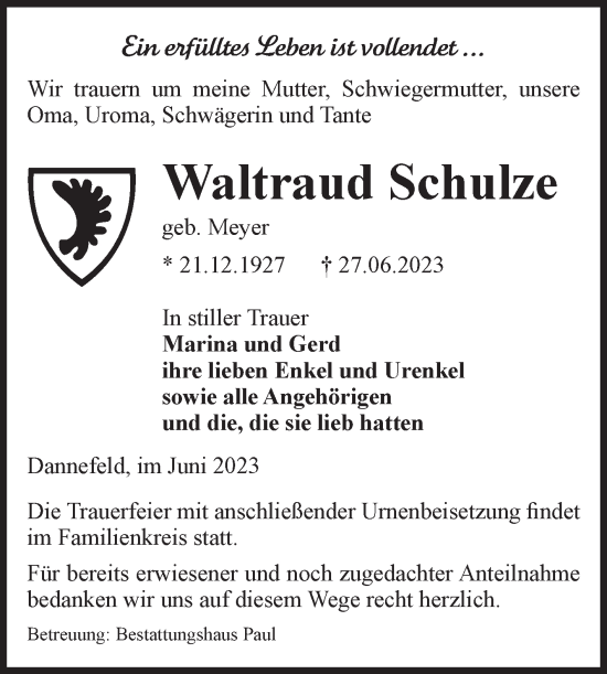 Traueranzeige von Waltraud Schulze von Volksstimme Altmark West