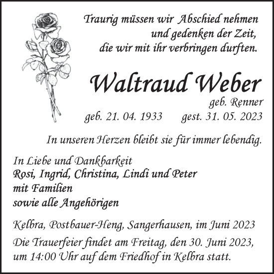 Traueranzeige von Waltraud Weber von Mitteldeutsche Zeitung Sangerhausen