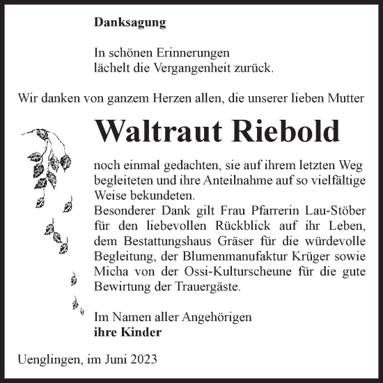 Traueranzeige von Waltraut Riebold von Volksstimme Altmark Ost