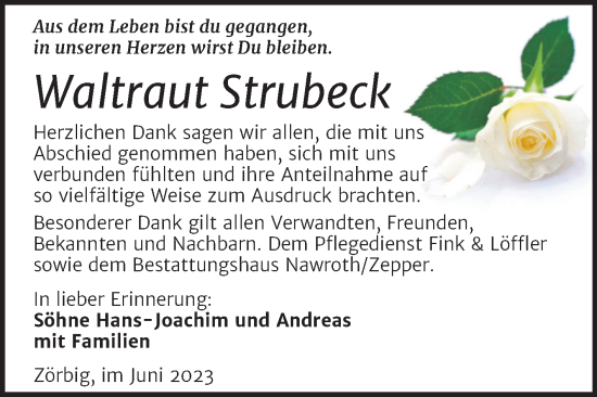 Traueranzeige von Waltraut Strubeck von Trauerkombi Bitterfeld