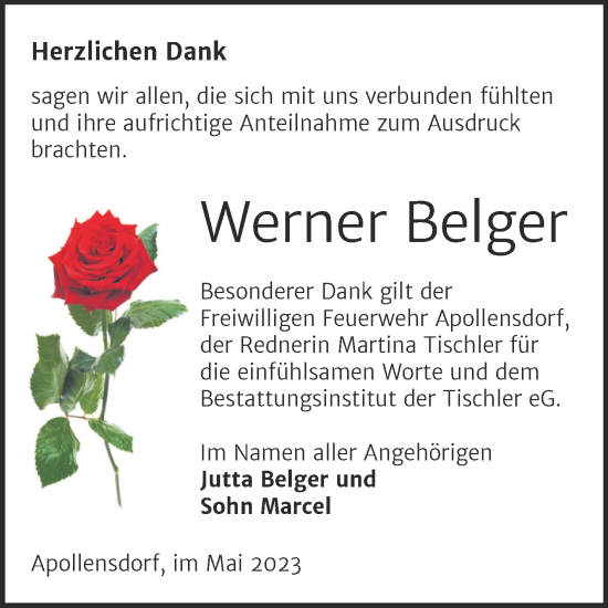Traueranzeige von Werner Belger von Trauerkombi Wittenberg
