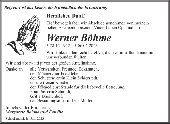 Traueranzeige von Werner Böhme von Trauerkombi Aschersleben