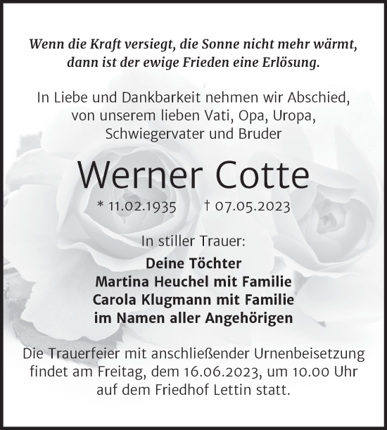 Traueranzeige von Werner Cotte von Mitteldeutsche Zeitung Halle/Saalkreis