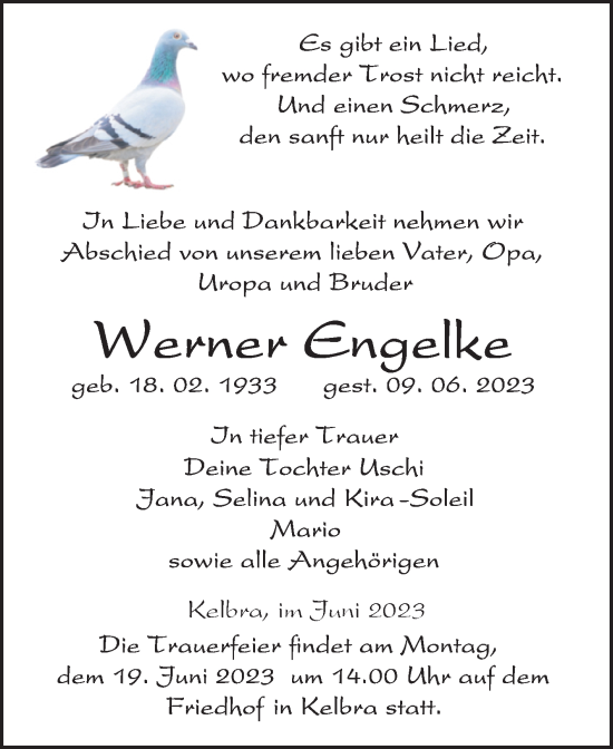Traueranzeige von Werner Engelke von Trauerkombi Sangerhausen