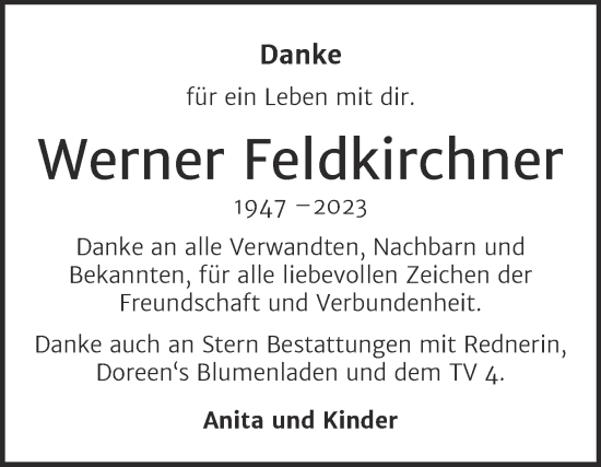 Traueranzeige von Werner Feldkirchner von Trauerkombi Wittenberg