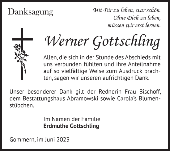 Traueranzeige von Werner Gottschling von Volksstimme Burg/Genthin