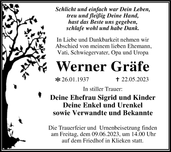 Traueranzeige von Werner Gräfe von Trauerkombi Wittenberg