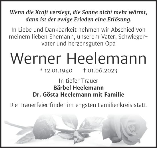 Traueranzeige von Werner Heelemann von Mitteldeutsche Zeitung Halle/Saalkreis