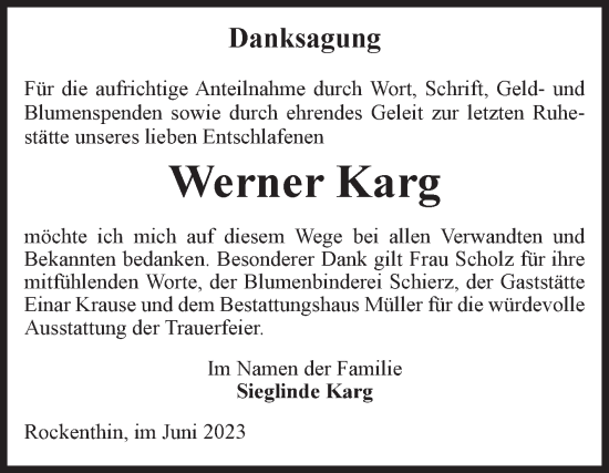 Traueranzeige von Werner Karg von Volksstimme Altmark West