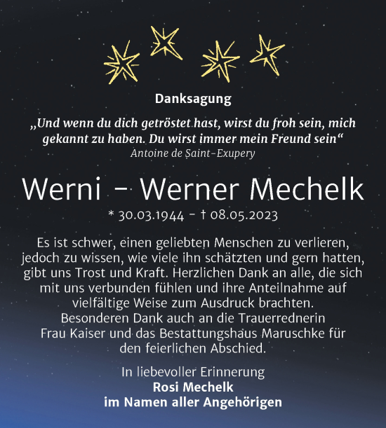 Traueranzeige von Werner Mechelk von Trauerkombi Bitterfeld