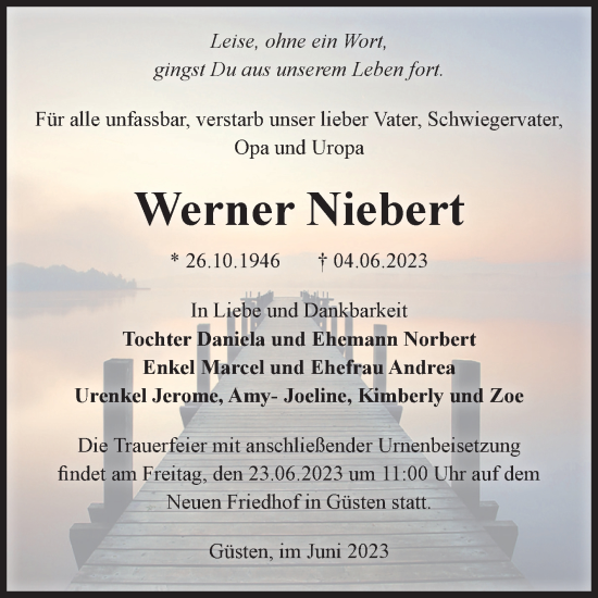 Traueranzeige von Werner Niebert von Volksstimme Staßfurt
