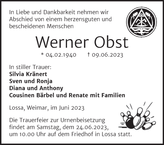 Traueranzeige von Werner Obst von Wochenspiegel Naumburg/Nebra