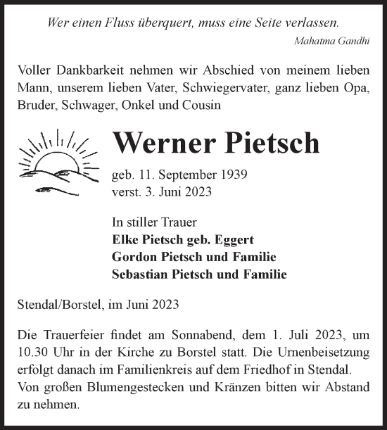 Traueranzeige von Werner Pietsch von Volksstimme Altmark Ost