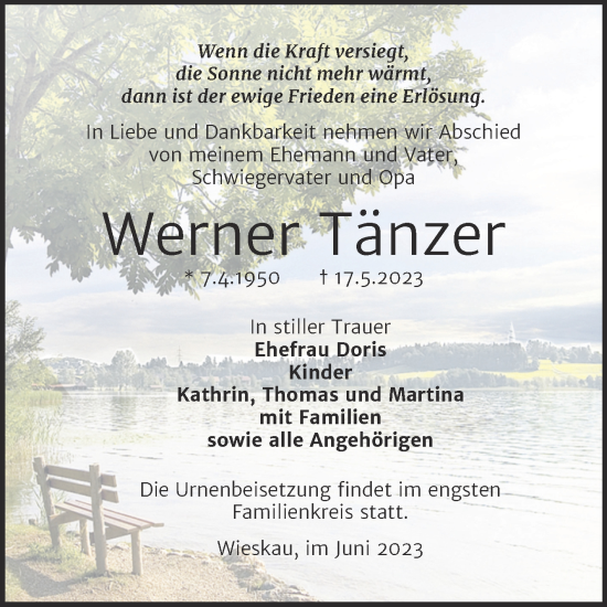 Traueranzeige von Werner Tänzer von Trauerkombi Köthen